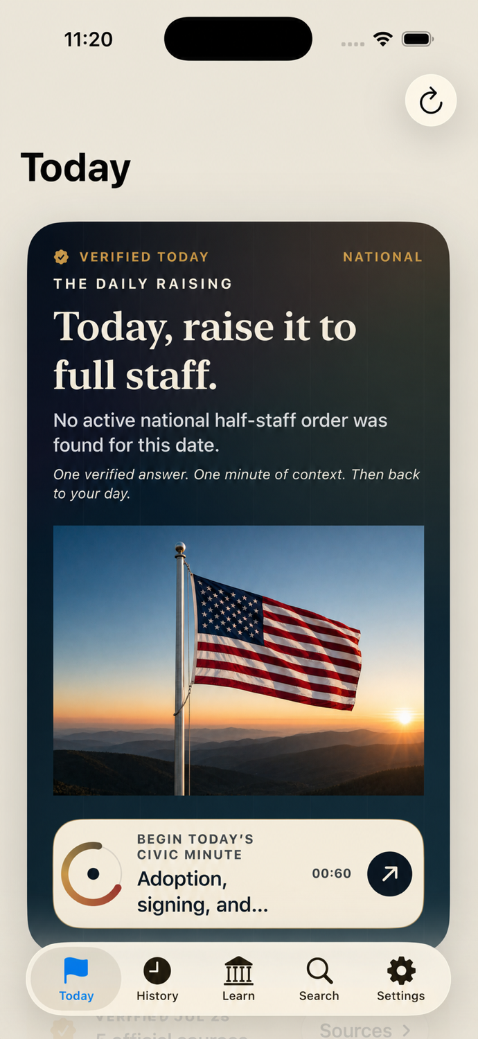 The Flag Today iPhone app showing a verified Daily Raising and Civic Minute